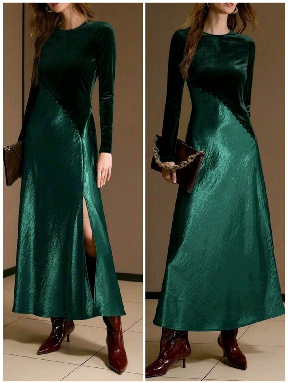 New Velvet Satin Maxi Dress Long Sleeve Button Trim Dark Green